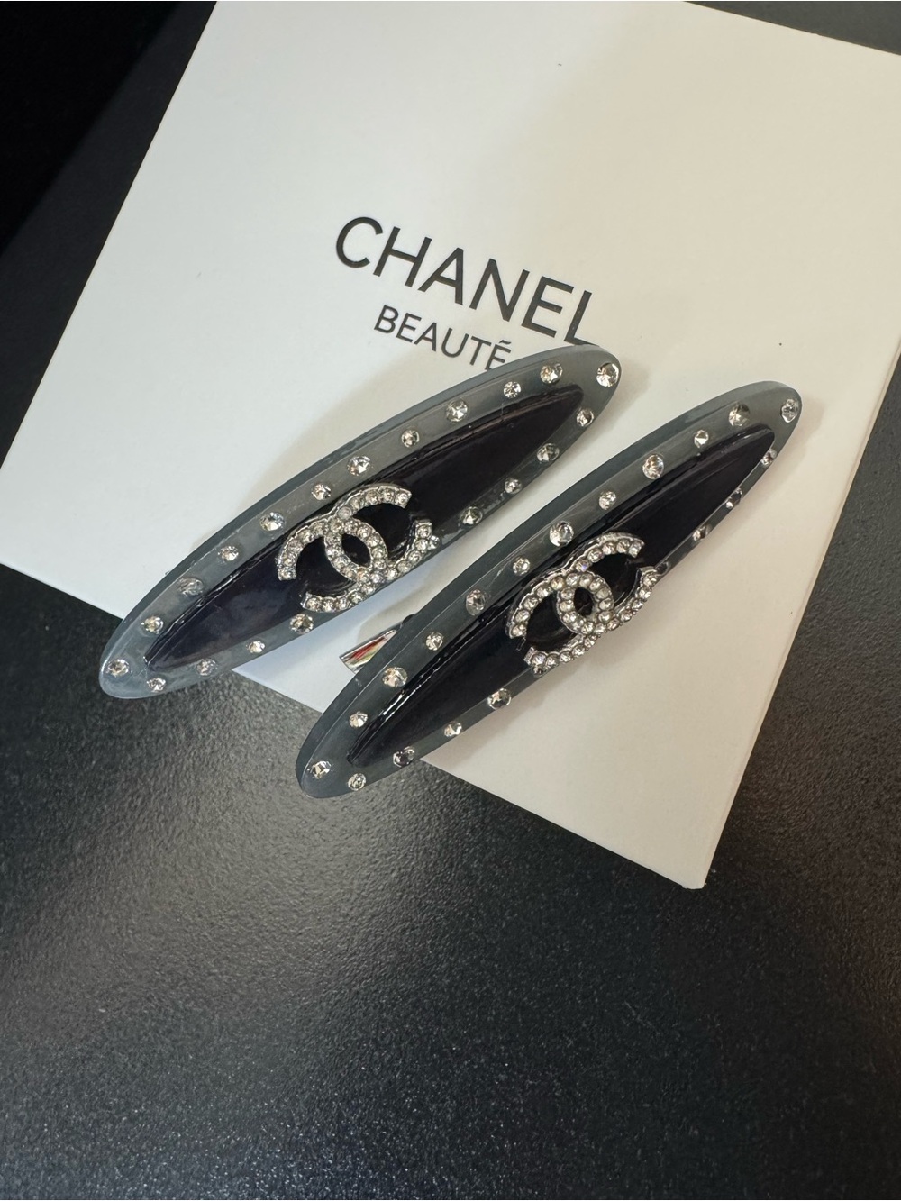 Chanel Black Crystal-Embellished Logo Hair Clips - Pair (set of 2) - Picture 5 of 8